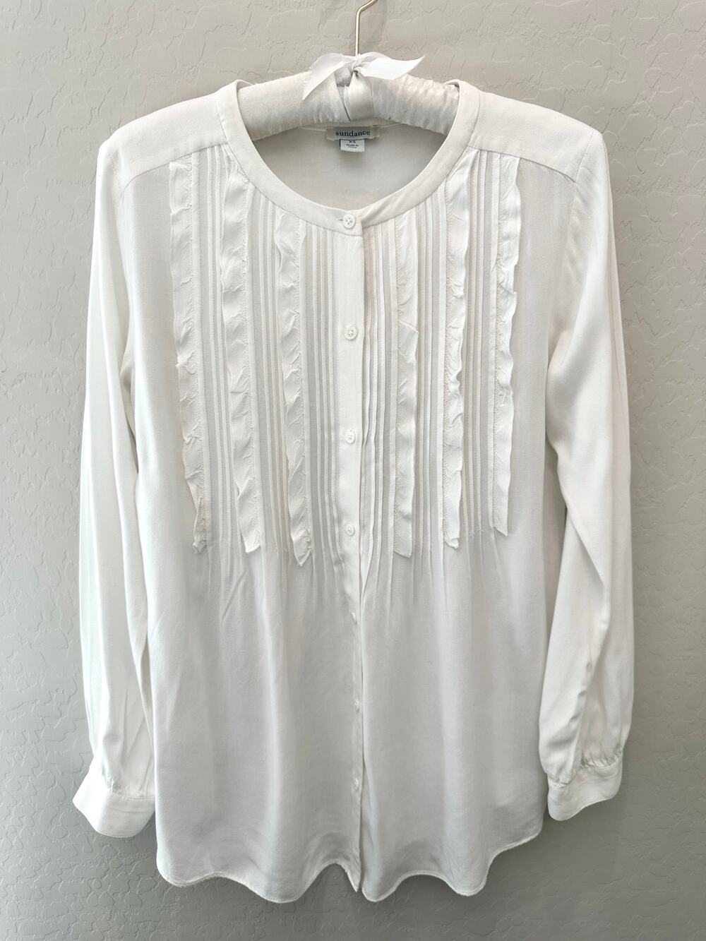 SUNDANCE White Long Sleeve Pintuck Ruffle Boho Peasant Blouse Top Romantic XS